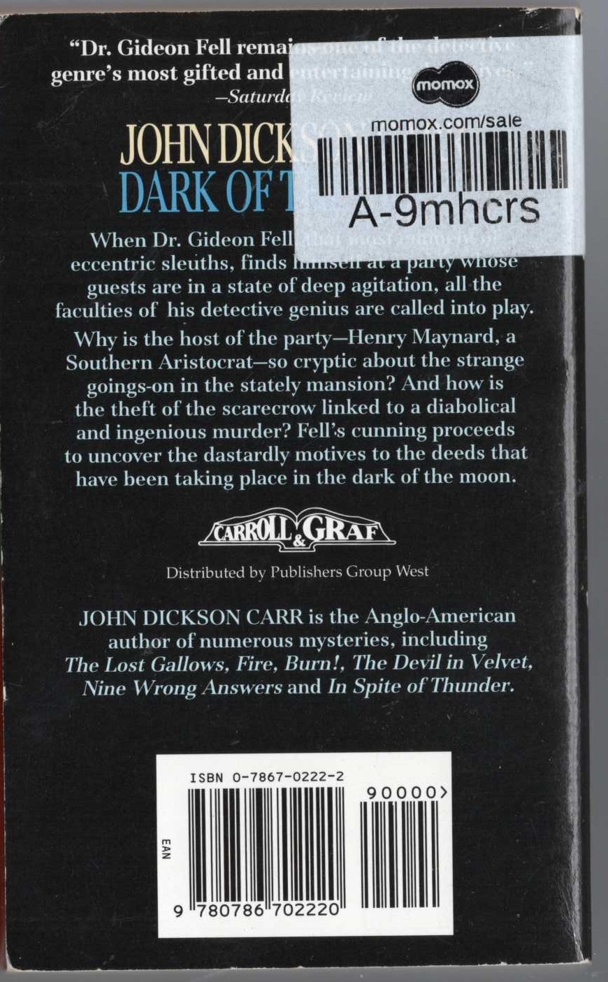 John Dickson Carr  DARK OF THE MOON magnified rear book cover image