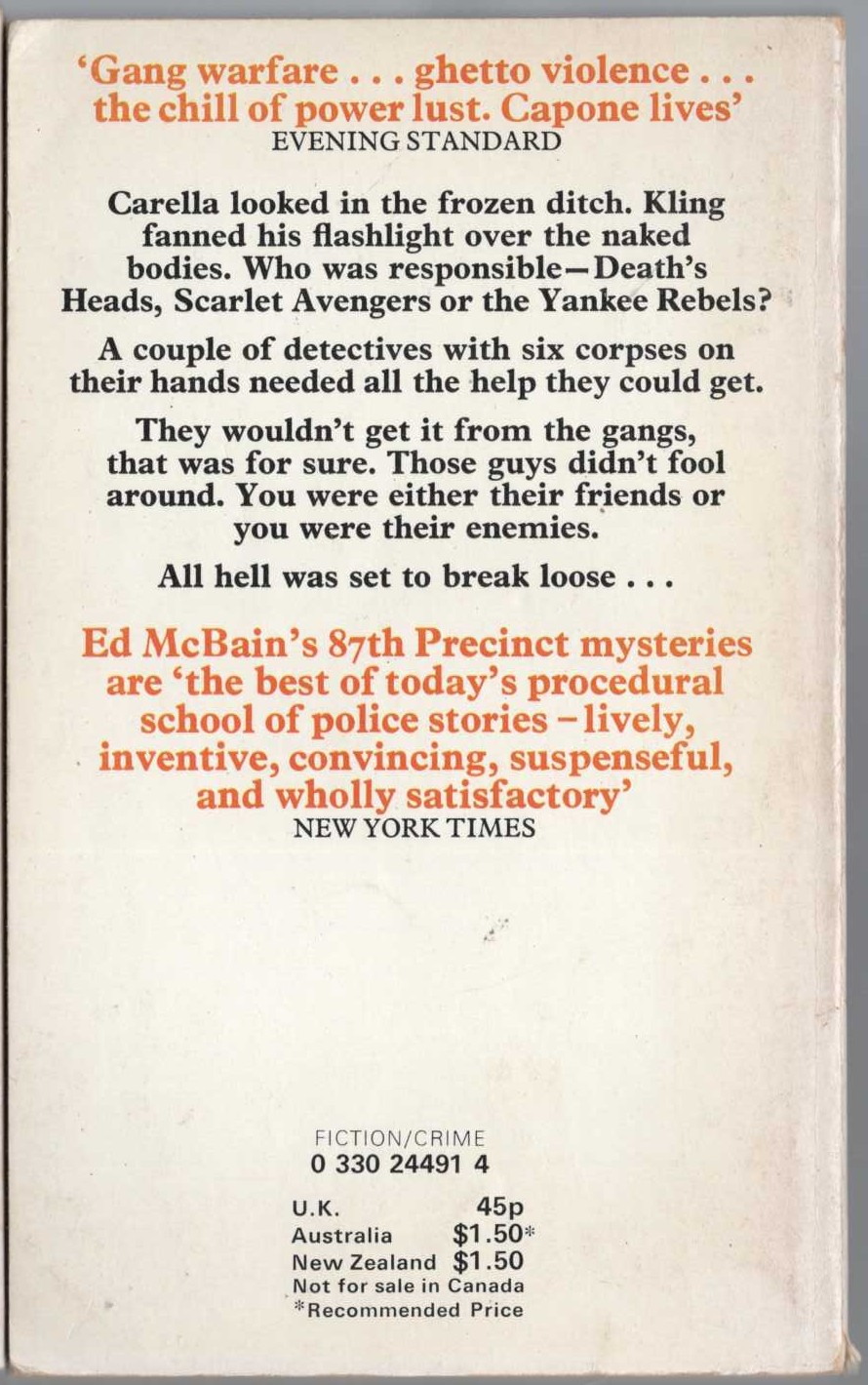 Ed McBain  HAIL TO THE CHIEF magnified rear book cover image