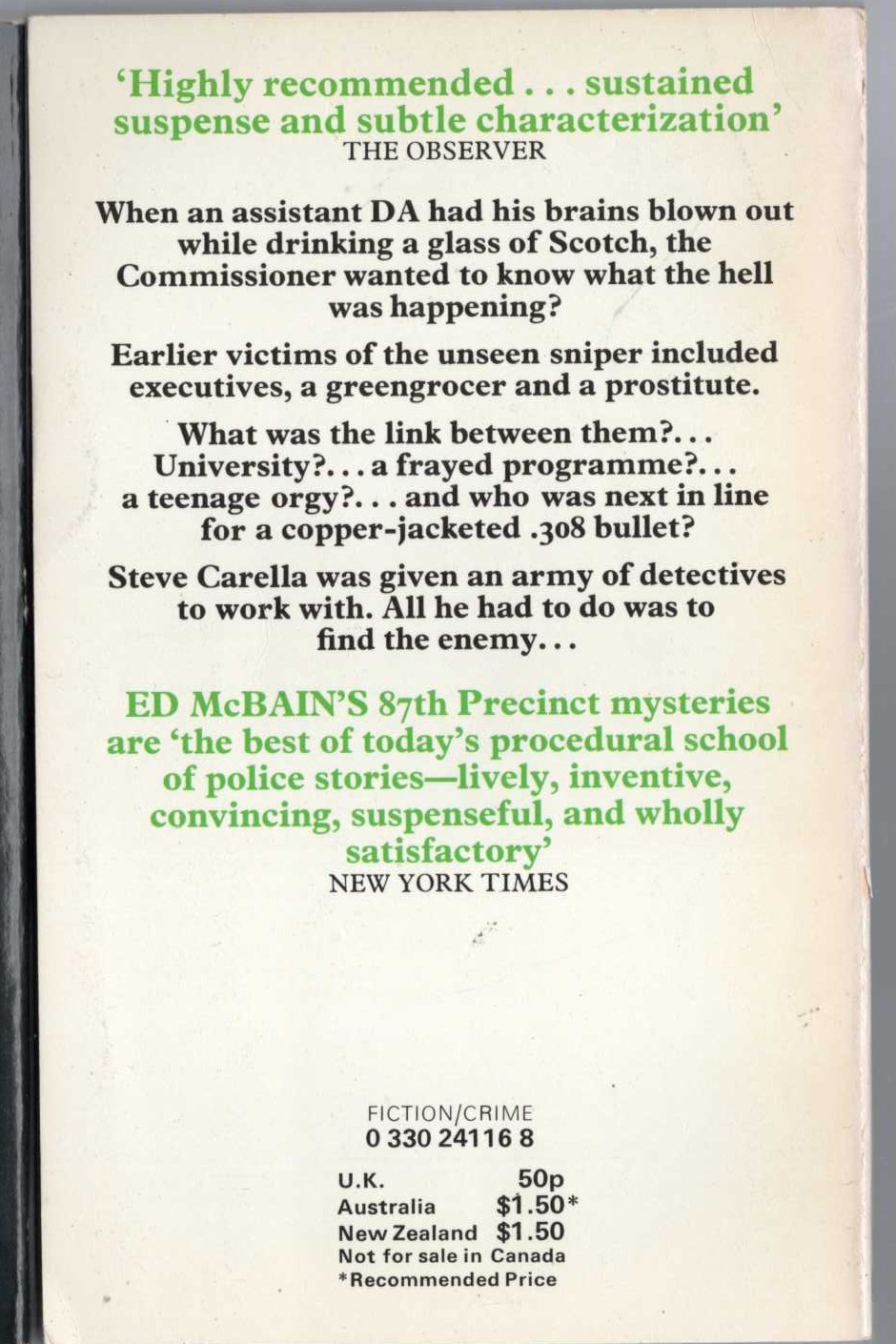 Ed McBain  TEN PLUS ONE magnified rear book cover image