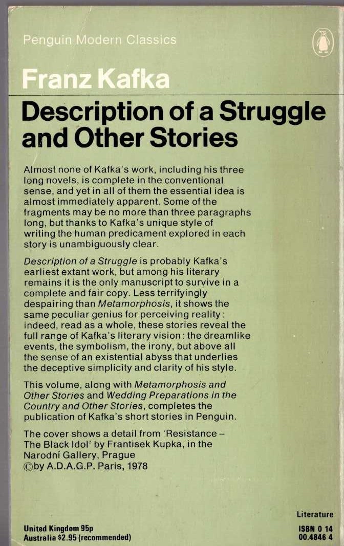 Franz Kafka  DESCRIPTION OF A STRUGGLE and Other Stories magnified rear book cover image
