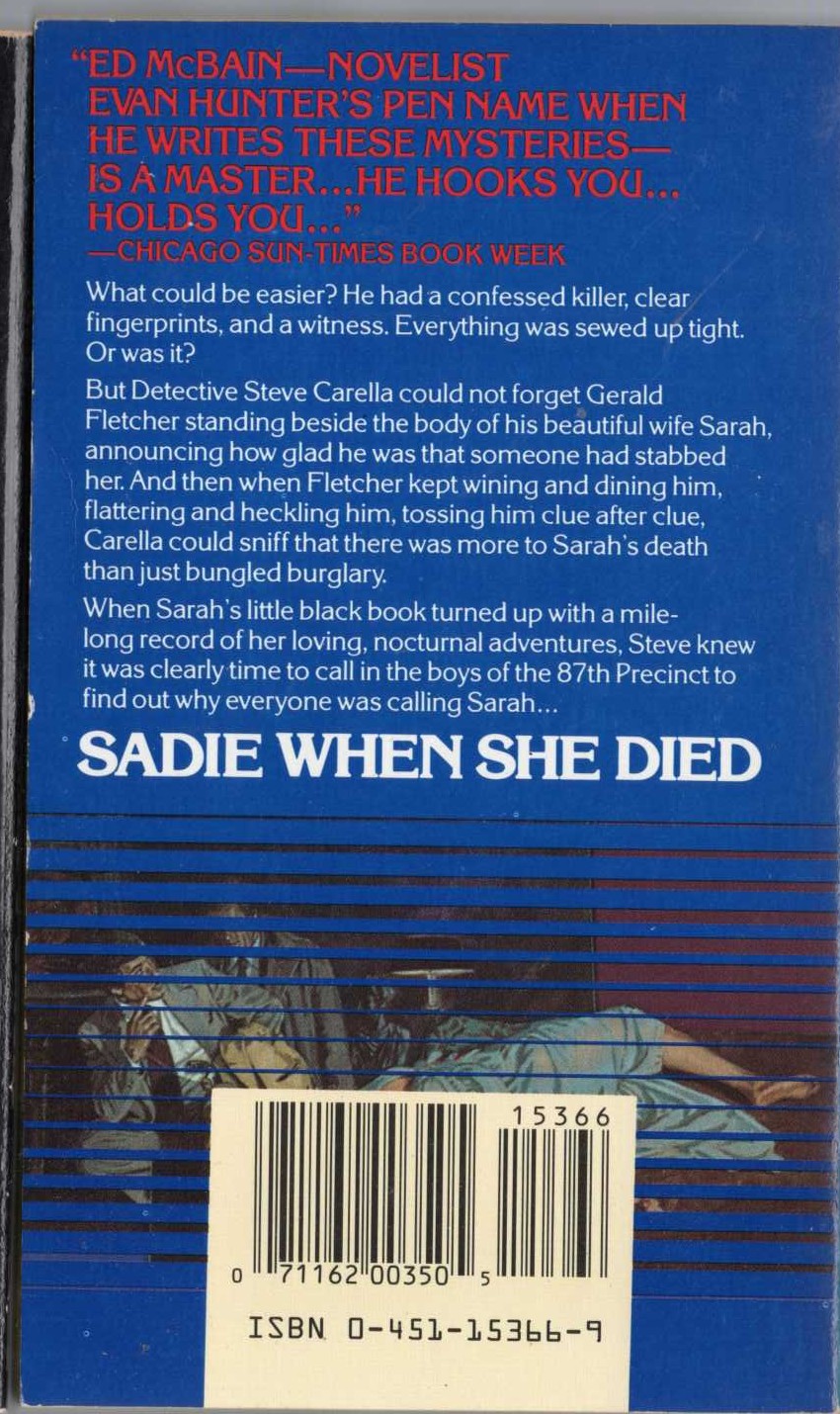 Ed McBain  SADIE WHEN SHE DIED magnified rear book cover image