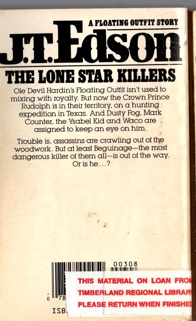 J.T. Edson  THE LONE STAR KILLERS [ U.K. title: BEGUINAGE IS DEAD] magnified rear book cover image