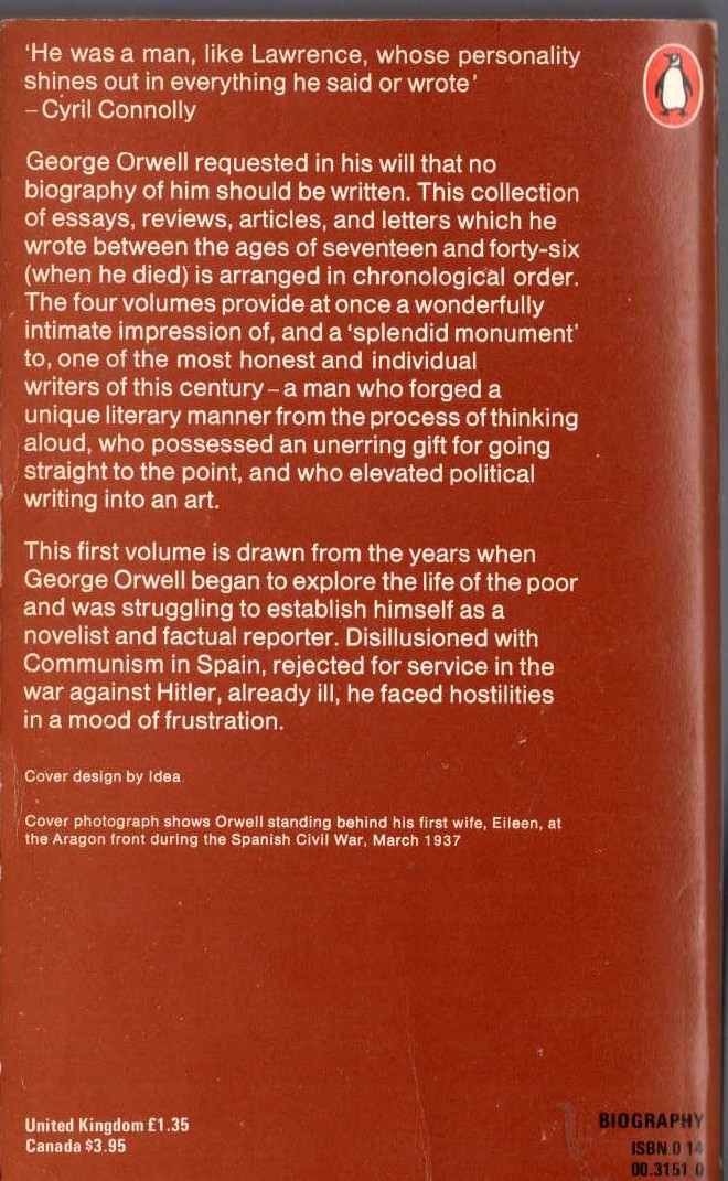 George Orwell  THE COLLECTED ESSAYS, JOURNALISM AND LETTERS OF GEORGE ORWELL. Volume 1. AN AGE LIKE THIS 1920 - 1940 magnified rear book cover image