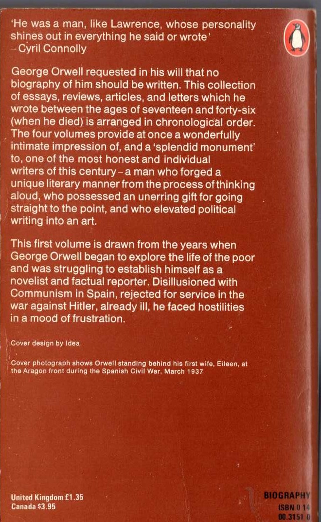 George Orwell  THE COLLECTED ESSAYS, JOURNALISM AND LETTERS OF GEORGE ORWELL. Volume 1. AN AGE LIKE THIS 1920 - 1940 magnified rear book cover image