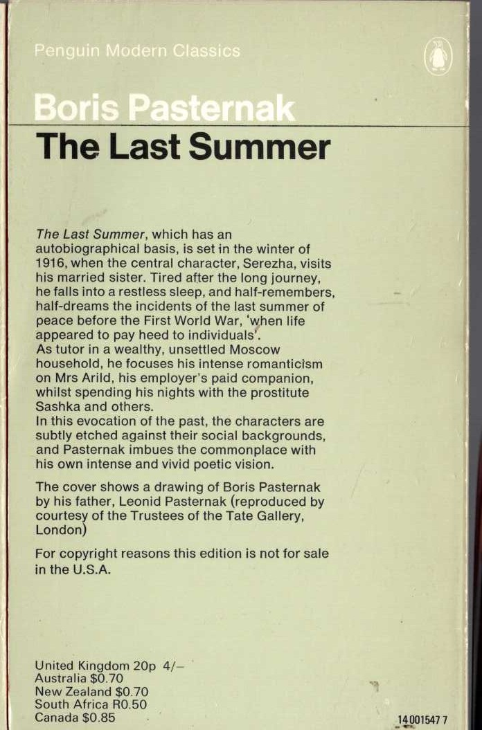 Boris Pasternak  THE LAST SUMMER magnified rear book cover image