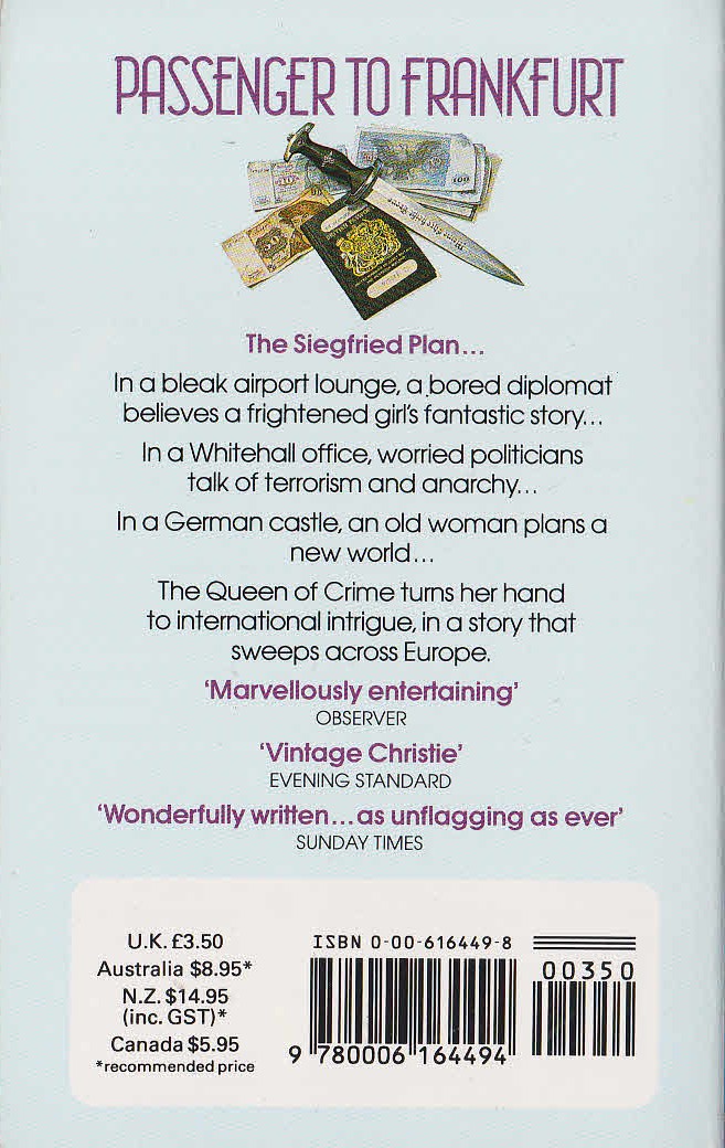 Agatha Christie  PASSENGER TO FRANKFURT magnified rear book cover image