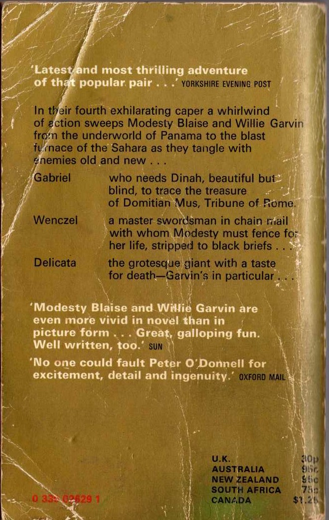 Peter O'Donnell  A TASTE FOR DEATH magnified rear book cover image