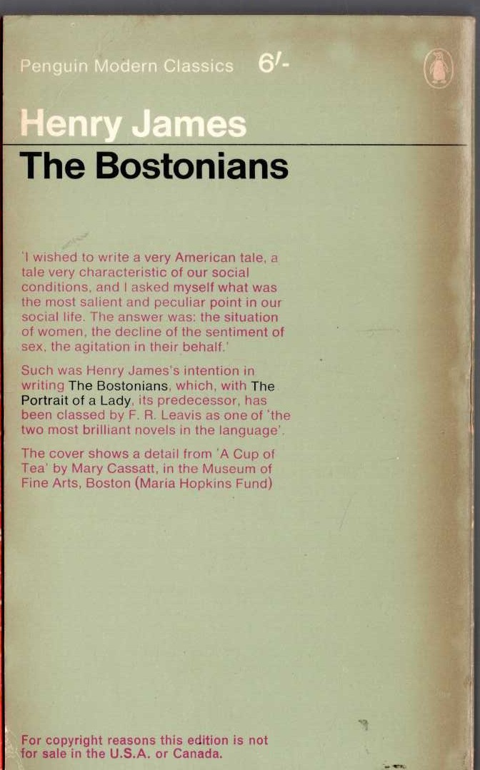 Henry James  THE BOSTONIANS magnified rear book cover image