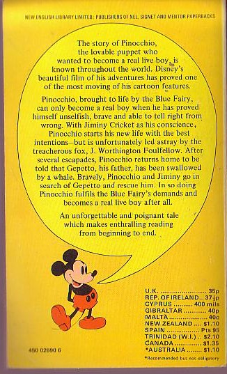 Derry Moffatt (adapts) PINOCCHIO (a Walt Disney production) magnified rear book cover image