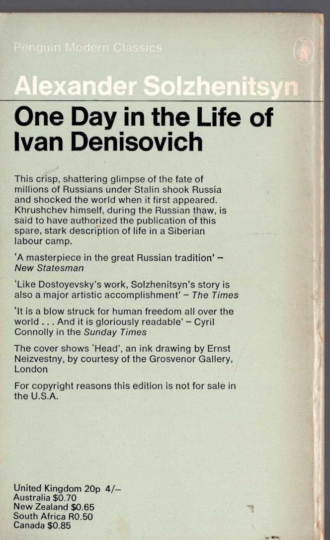 Alexander Solzhenitsyn  ONOE DAY IN THE LIFE OF IVAN DENISOVICH magnified rear book cover image