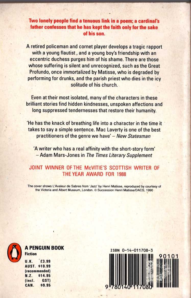 Bernard MacLaverty  THE GREAT PROFUNDO and other stories magnified rear book cover image