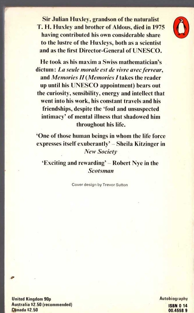 Julian Huxley  MEMORIES II magnified rear book cover image