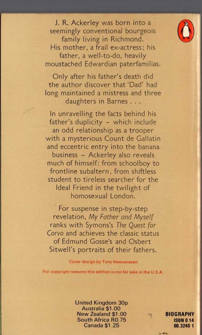 J.R. Ackerley  MY FATHER AND MYSELF (Biography) magnified rear book cover image