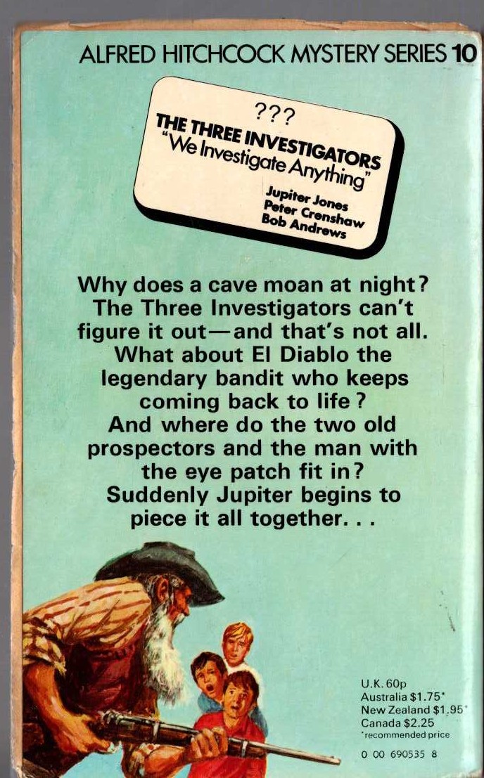 Alfred Hitchcock (introduces_The_Three_Investigators) THE MYSTERY OF THE MOANING CAVE magnified rear book cover image