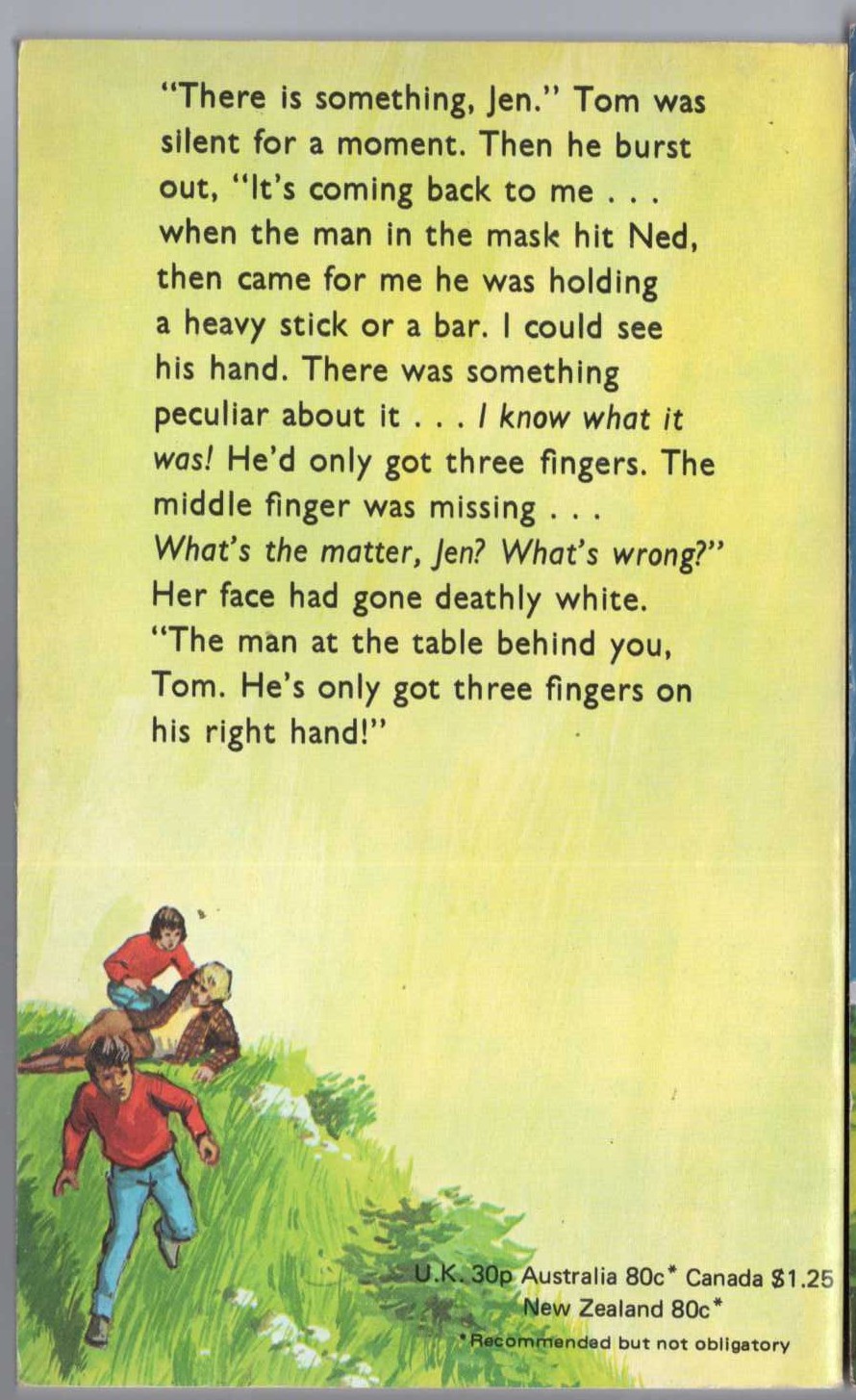 Malcolm Saville  MAN WITH THREE FINGERS magnified rear book cover image