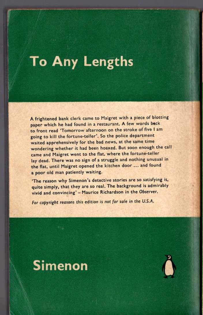Georges Simenon  TO ANY LENGTHS magnified rear book cover image