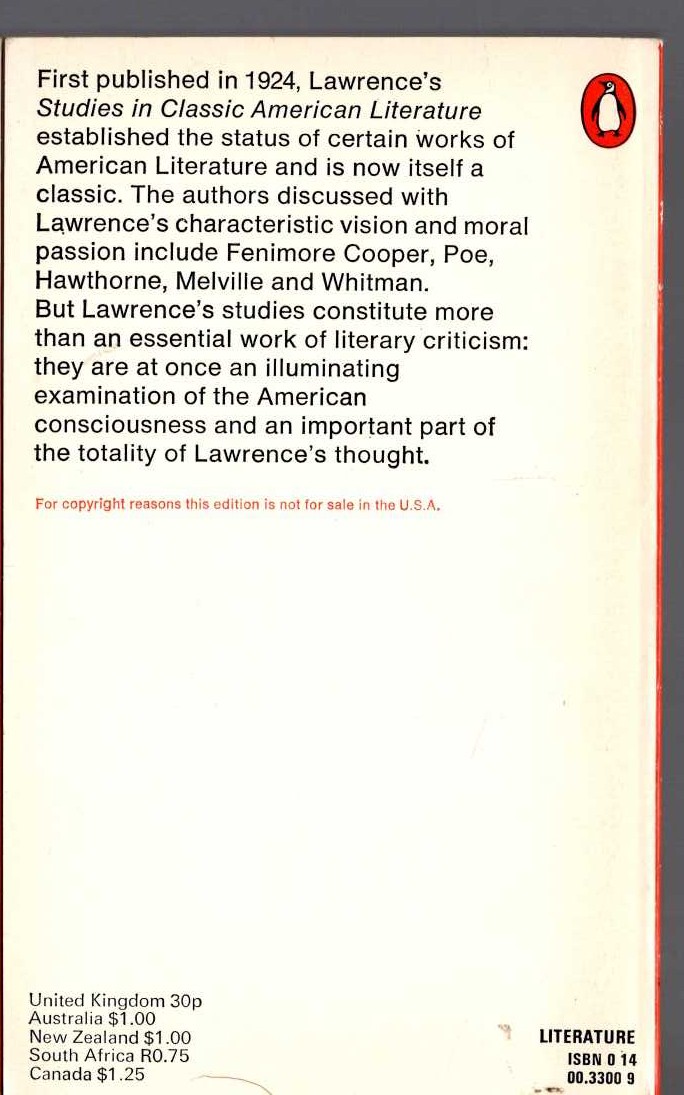 D.H. Lawrence  STUDIES IN CLASSIC AMERICAN LITERATURE magnified rear book cover image