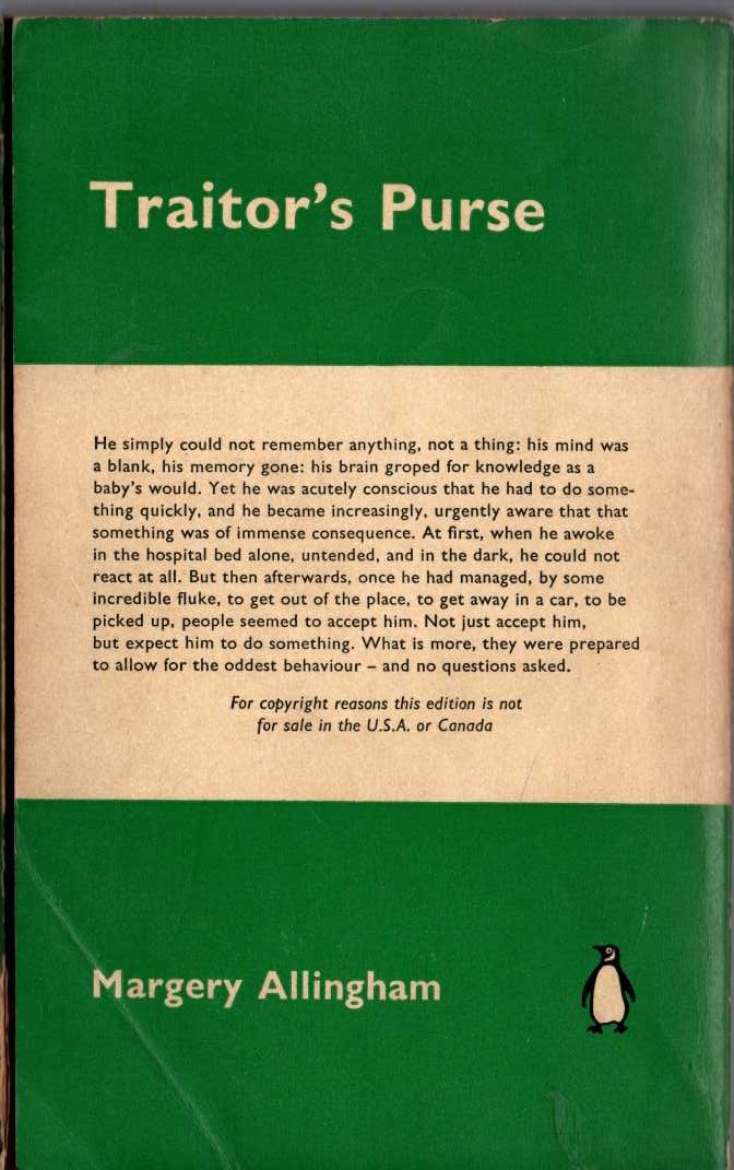 Margery Allingham  TRAITOR'S PURSE magnified rear book cover image