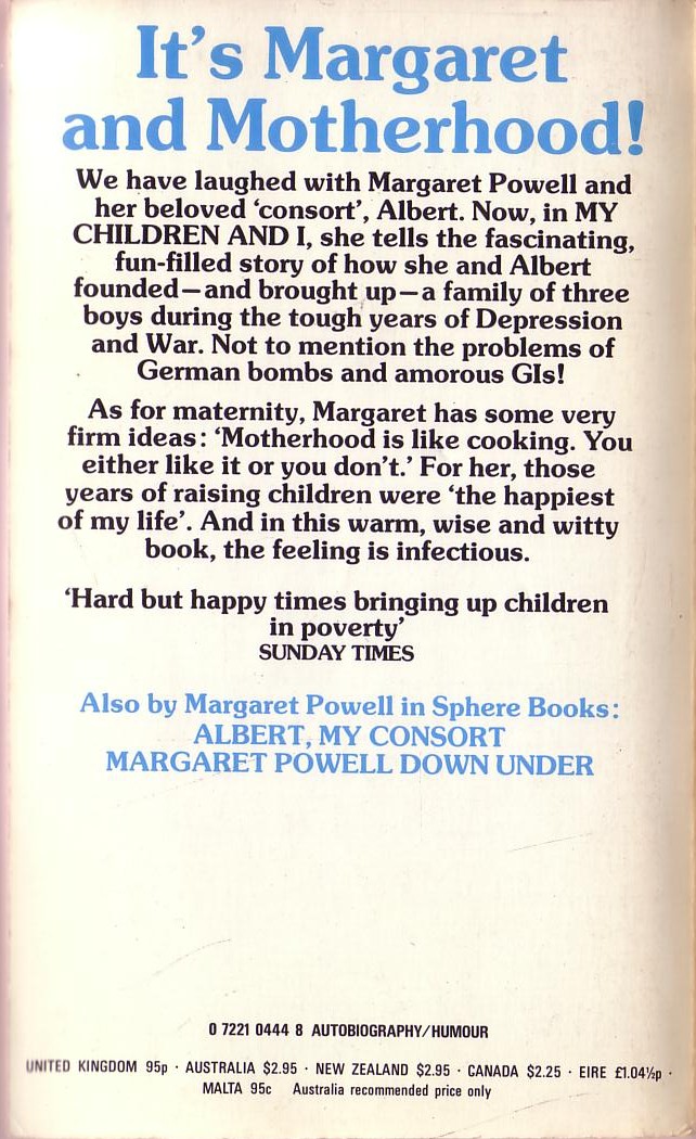 Margaret Powell  MY CHILDREN AND I magnified rear book cover image