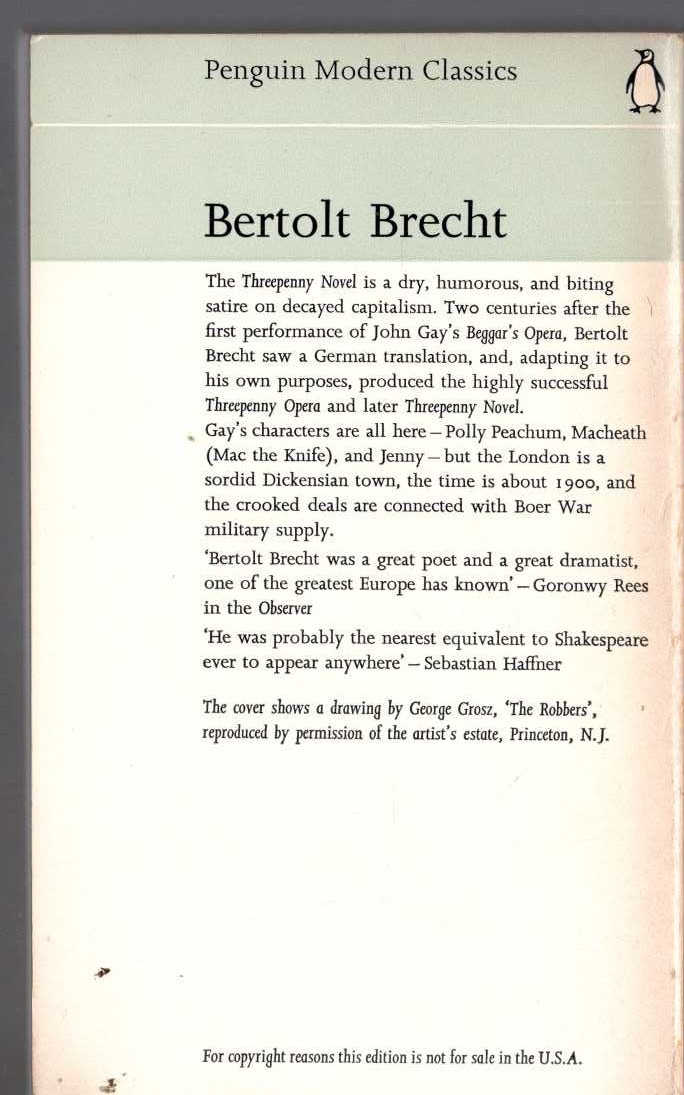 Bertolt Brecht  THREEPENNY NOVEL magnified rear book cover image