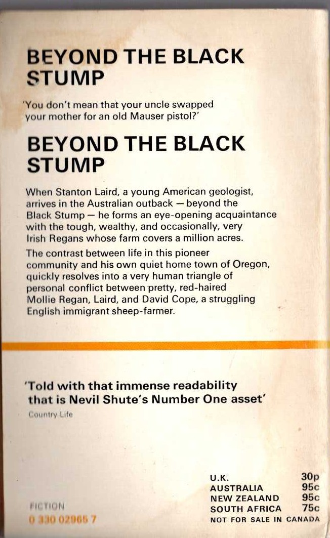 Nevil Shute  BEYOND THE BLACK STUMP magnified rear book cover image