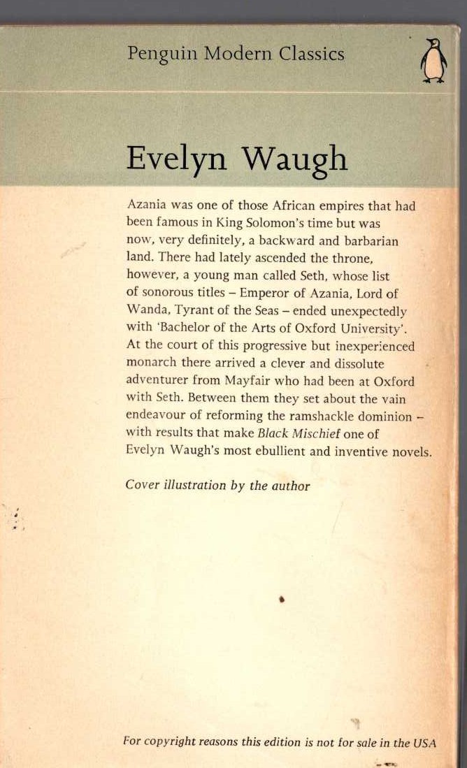 Evelyn Waugh  BLACK MISCHIEF magnified rear book cover image