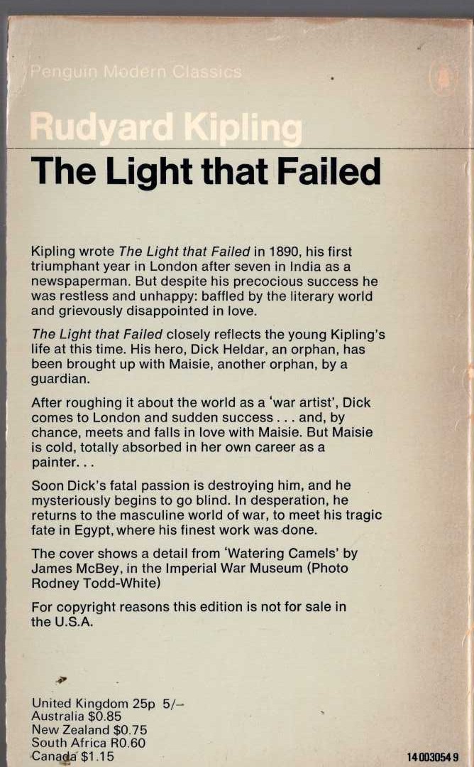 Rudyard Kipling  THE LIGHT THAT FAILED magnified rear book cover image