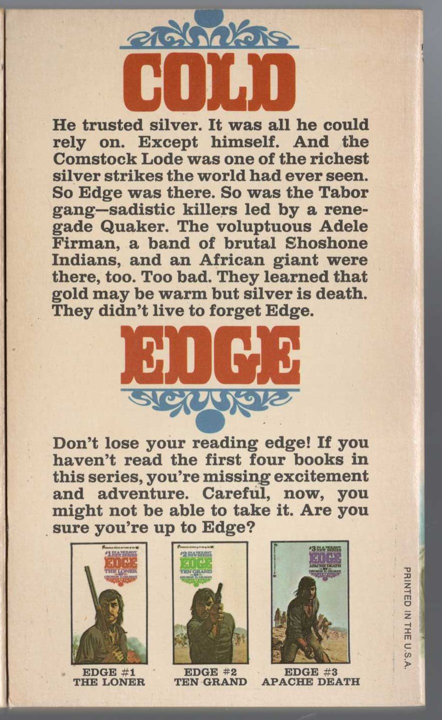 George G. Gilman  EDGE 5: BLOOD ON SILVER magnified rear book cover image