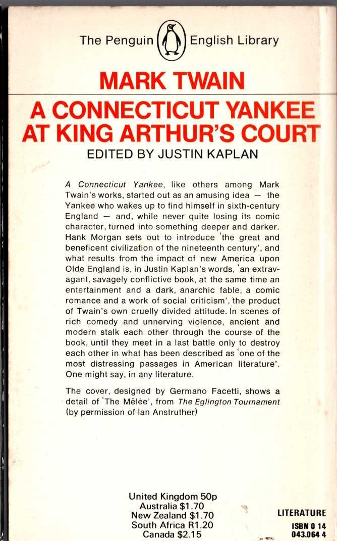 Mark Twain  A CONNECTICUT YANKEE AT KING ARTHUR'S COURT magnified rear book cover image