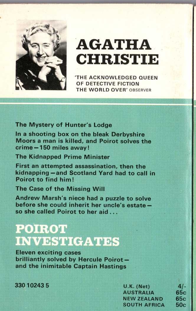 Agatha Christie  POIROT INVESTIGATES magnified rear book cover image