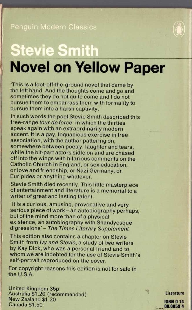 Stevie Smith  NOVEL ON YELLOW PAPER magnified rear book cover image