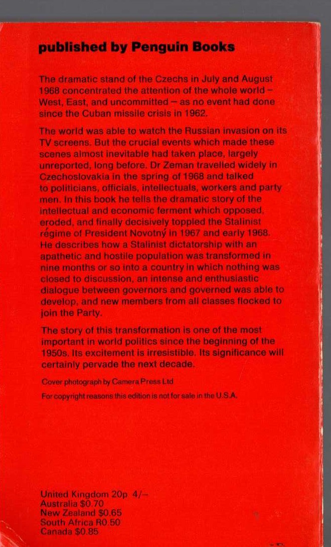 Z.A.B. Zeman  PRAGUE SPRING magnified rear book cover image