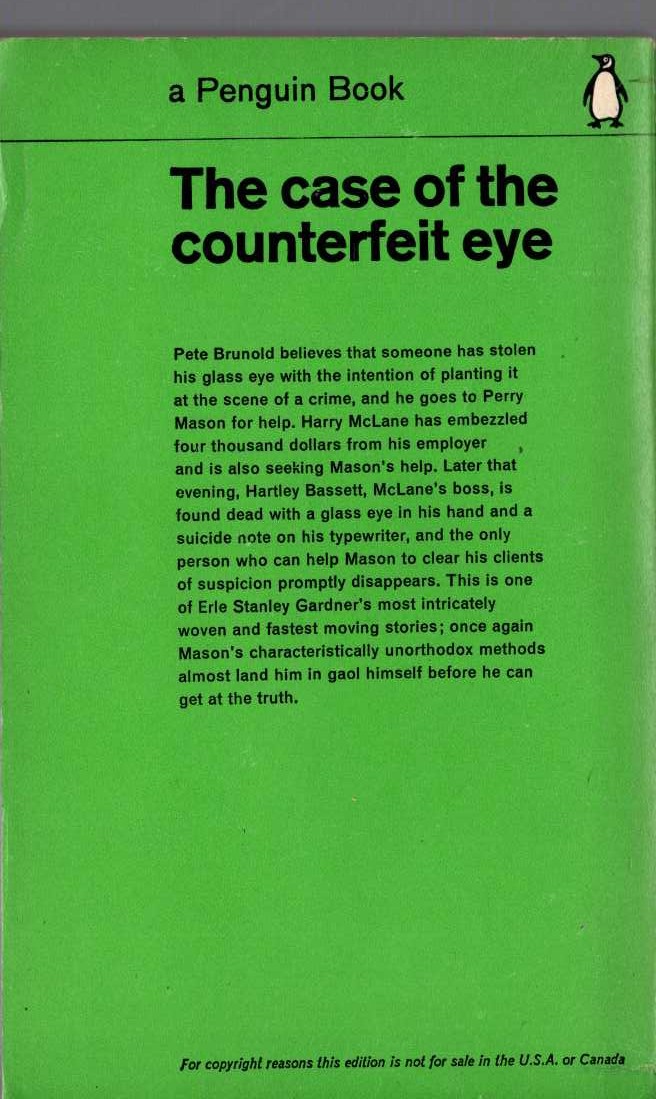 Erle Stanley Gardner  THE CASE OF THE COUNTERFEIT EYE magnified rear book cover image