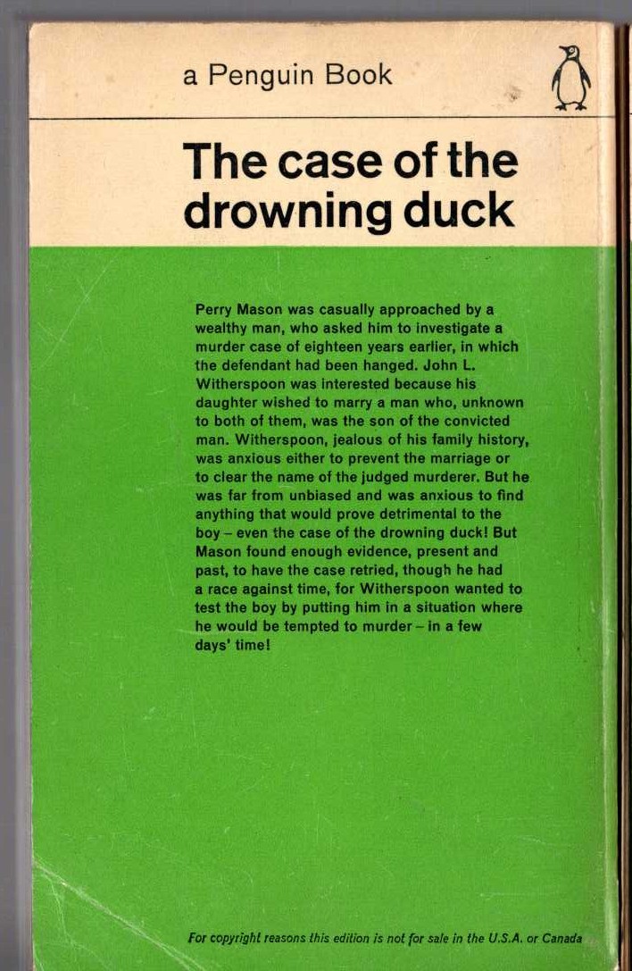 Erle Stanley Gardner  THE CASE OF THE DROWNING DUCK magnified rear book cover image