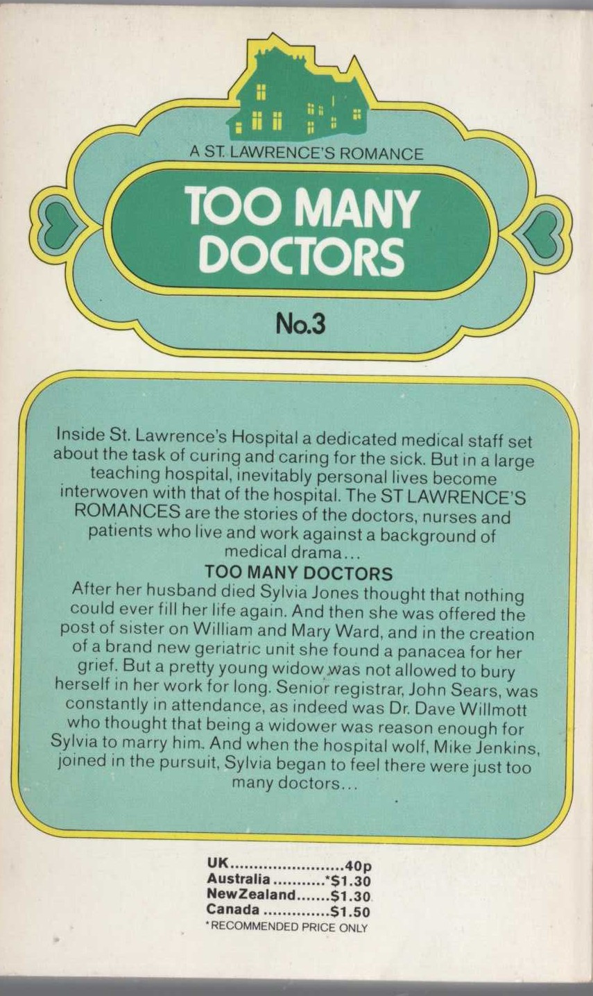 Cathy Linton  TOO MANY DOCTORS magnified rear book cover image