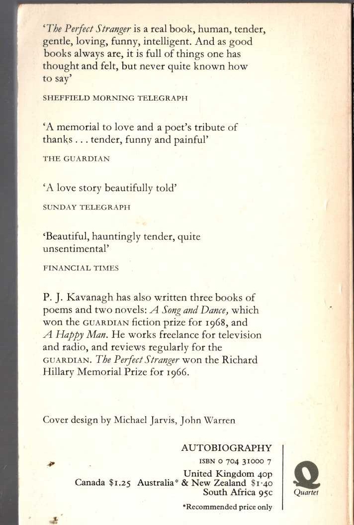 P.J. Kavanagh  THE PERFECT STRANGER magnified rear book cover image