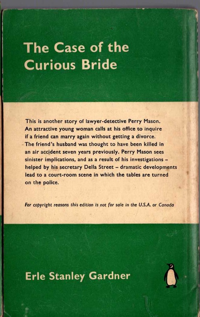 Erle Stanley Gardner  THE CASE OF THE CURIOUS BRIDE magnified rear book cover image