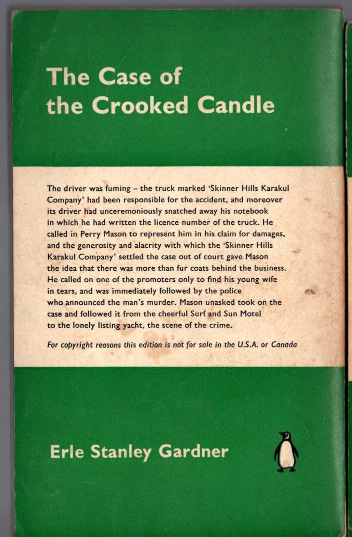 Erle Stanley Gardner  THE CASE OF THE CROOKED CANDLE magnified rear book cover image
