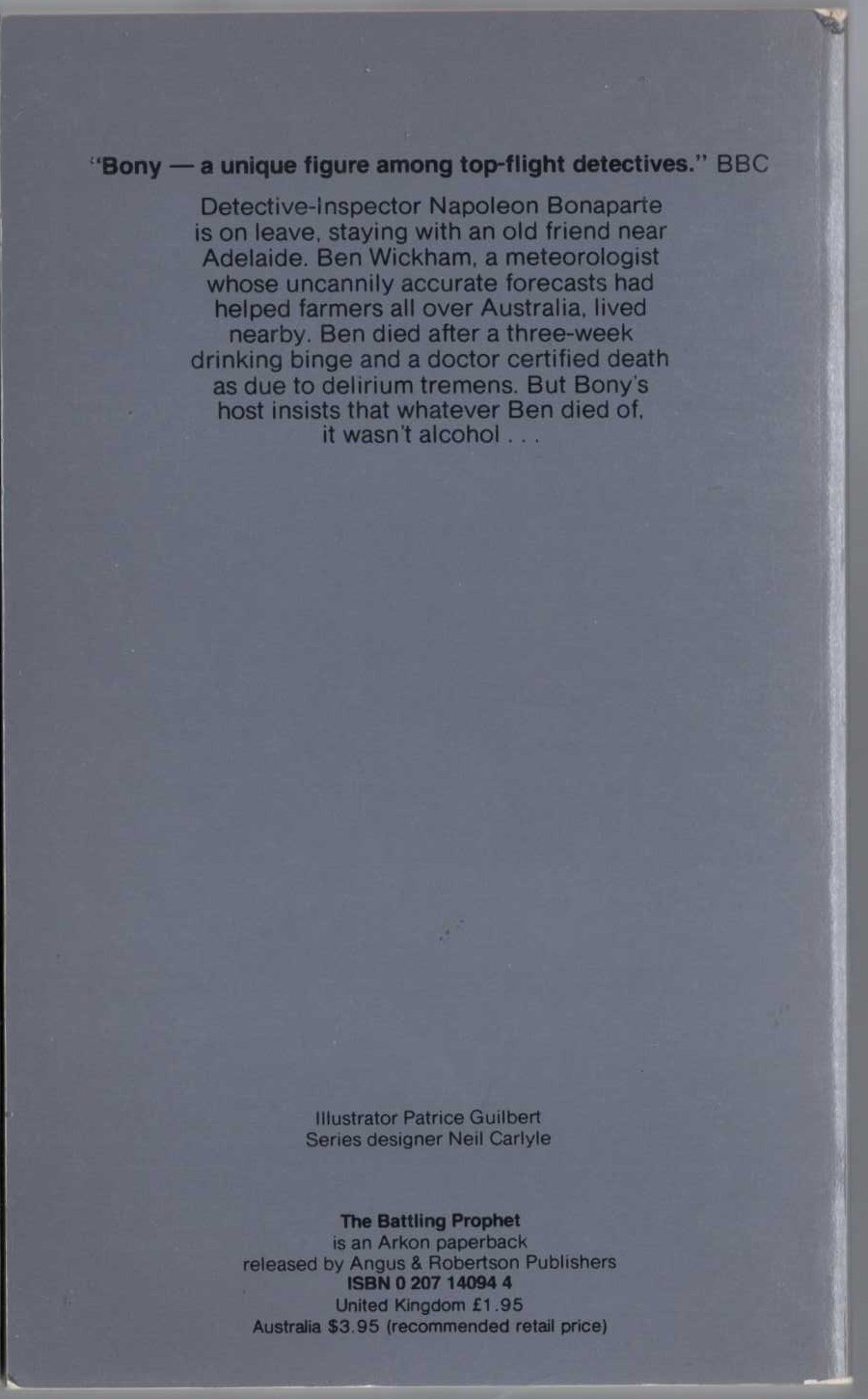 Arthur Upfield  THE BATTLING PROPHET magnified rear book cover image
