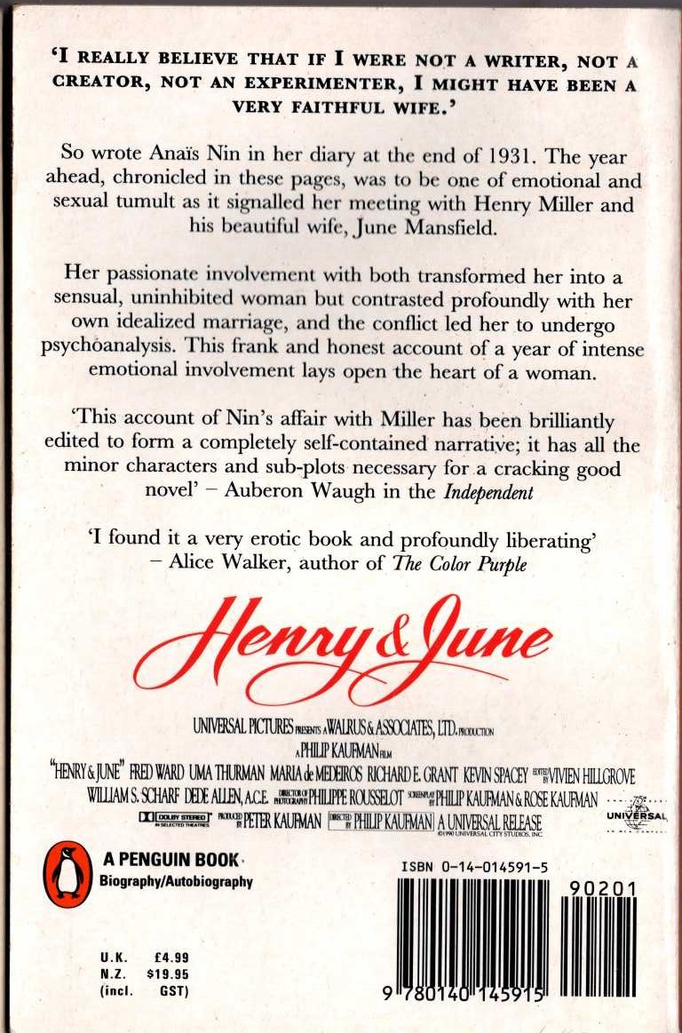 Anais Nin  HENRY AND JUNE (Film tie-in) magnified rear book cover image