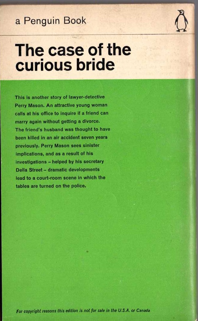 Erle Stanley Gardner  THE CASE OF THE CURIOUS BRIDE magnified rear book cover image