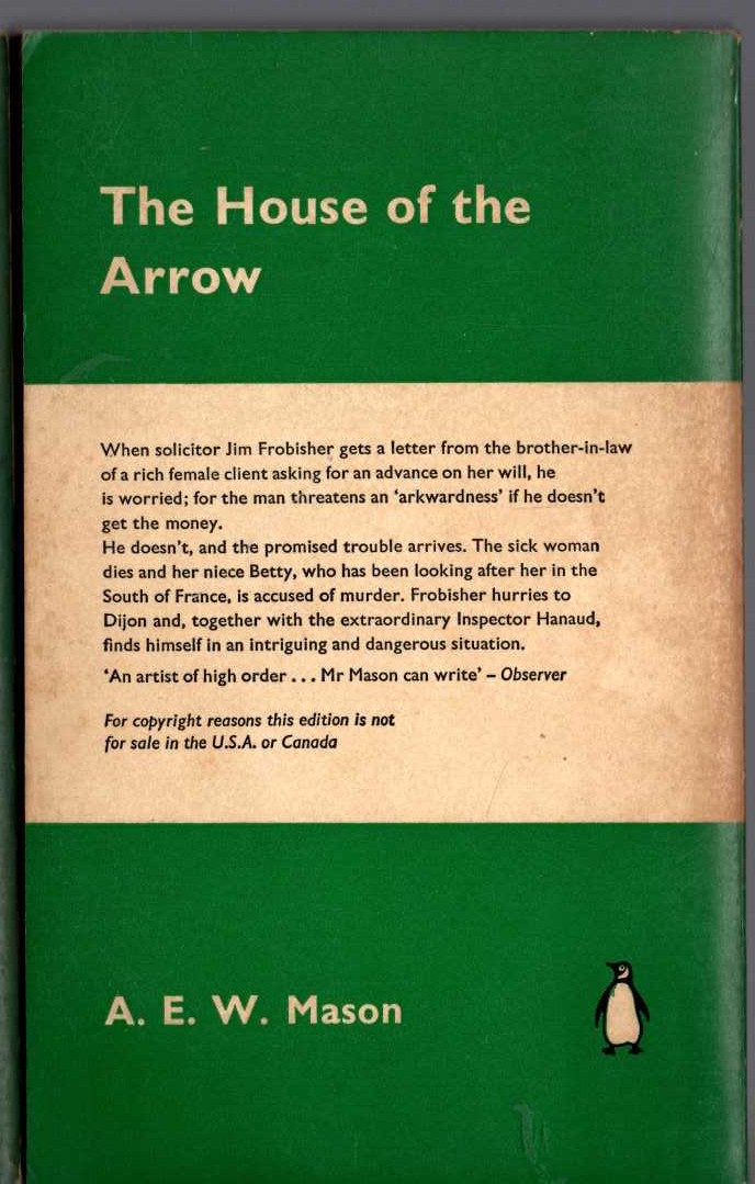 A.E.W. Mason  THE HOUSE OF THE ARROW magnified rear book cover image