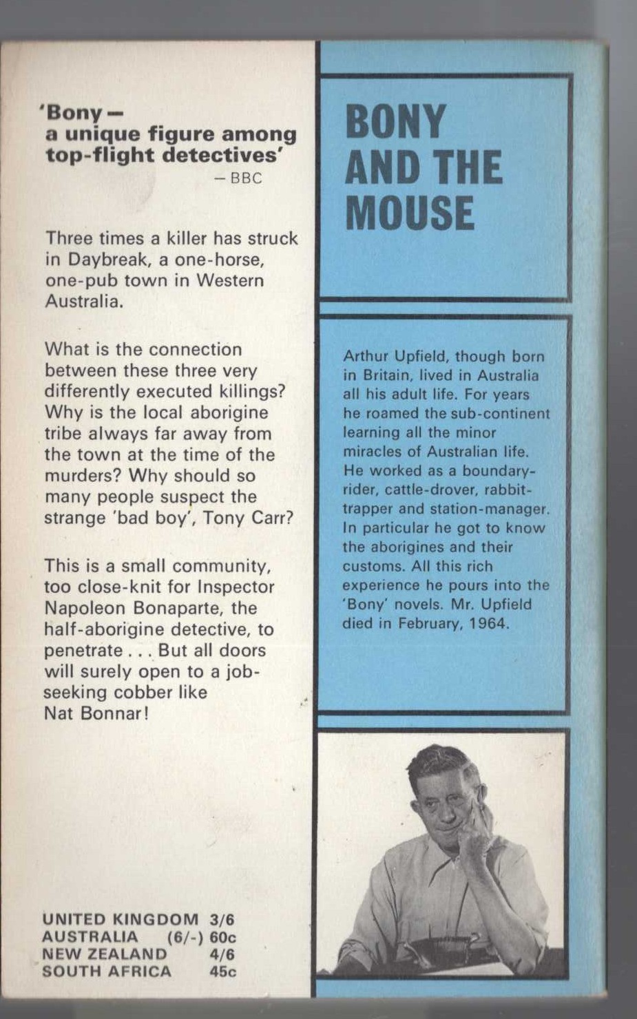 Arthur Upfield  BONY AND THE MOUSE magnified rear book cover image