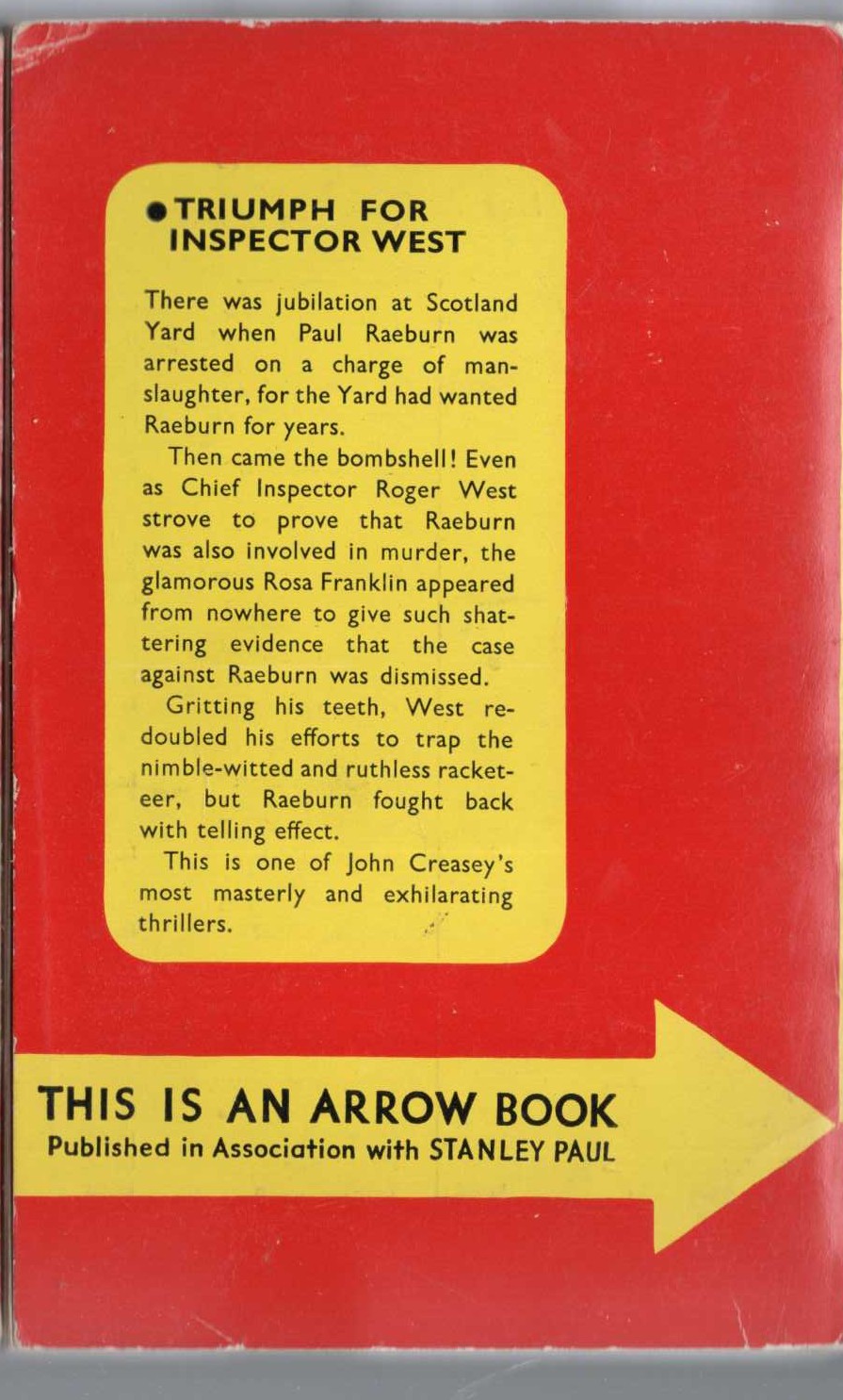 John Creasey  TRIUMPH FOR INSPECTOR WEST magnified rear book cover image