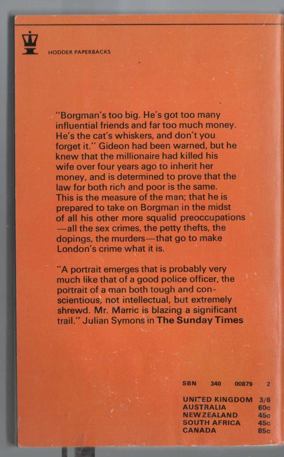 J.J. Marric  GIDEON'S RISK magnified rear book cover image