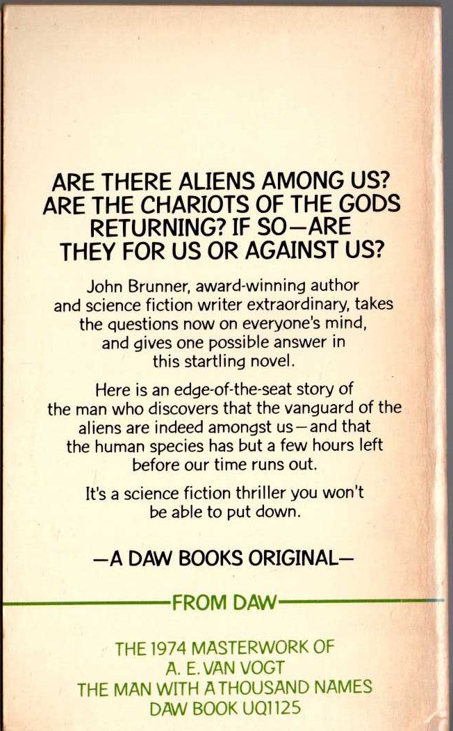 John Brunner  GIVE WARNING TO THE WORLD magnified rear book cover image