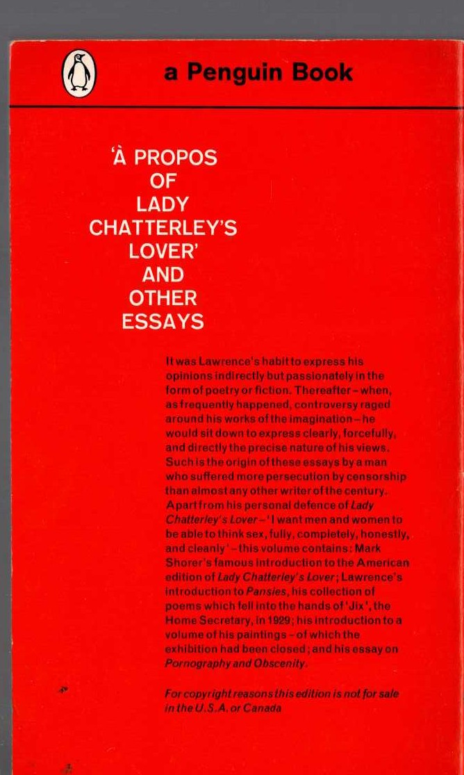D.H. Lawrence  A PROPOS OF LADY CHATTERLEY'S LOVER AND OTHER ESSAYS magnified rear book cover image