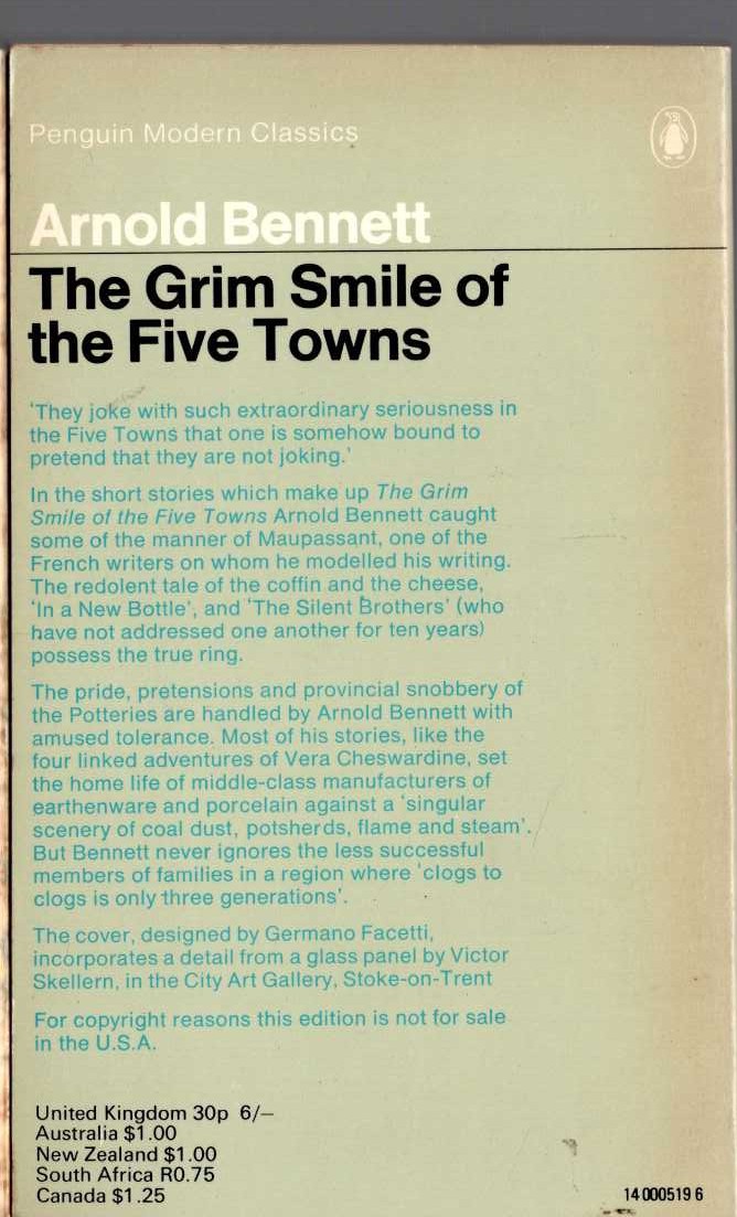 Arnold Bennett  THE GRIM SMILE OF THE FIVE TOWNS magnified rear book cover image