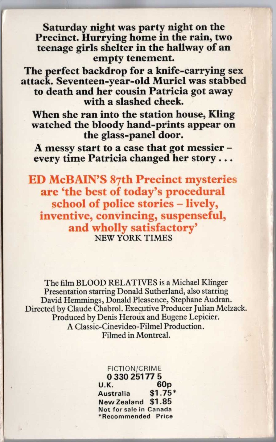 Ed McBain  BLOOD RELATIVES magnified rear book cover image