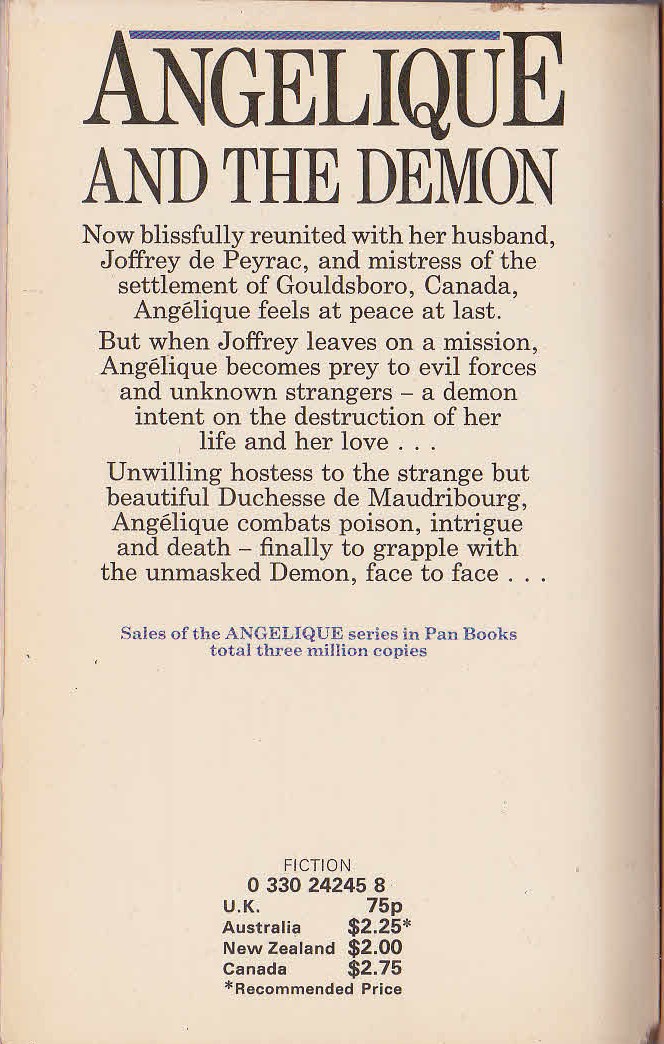 Sergeanne Golon  ANGELIQUE AND THE DEMON magnified rear book cover image